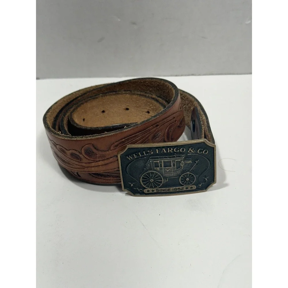Vintage Wells Fargo & Co. Embossed Leather Belt Brown & Belt Buckle 1852 Size 44